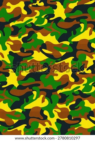 Seamless camouflage texture featuring irregular green, yellow, and brown shapes on a dark background,.