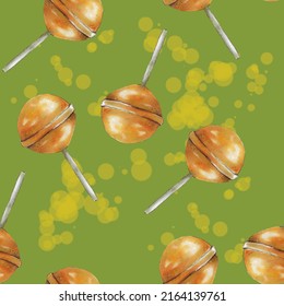 Seamless candy pattern. Painted orange lollipops. Drawing of a dessert in watercolor for wrapping confectionery. A bright festive decoration. Food illustration for printing on paper, fabric, clothing.