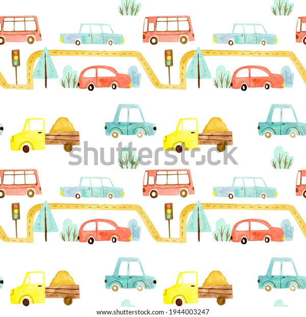 Seamless car pattern in doodle style.\
Watercolor kids pattern with auto, car, buses. Transport background\
for kids designs. Cartoon city\
wallpaper.