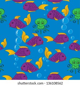 Seamless cartoon pattern with fish and octopuses.