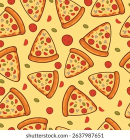 Seamless cartoon pizza slice pattern with colorful toppings on a yellow background.