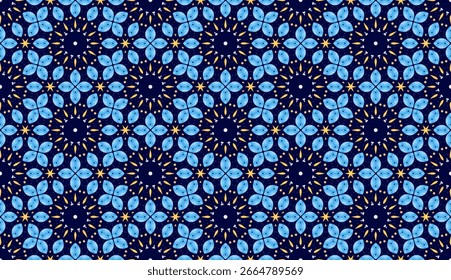 A seamless celestial floral pattern with blue petals, golden stars, and a navy background. Perfect for textiles, wallpapers, gift wraps, and dreamy cosmic-inspired designs.