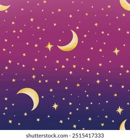 Seamless celestial pattern with moons and stars. Mystic black and white illustration. Good for textile, yoga mat, underwear, notebook cover, wrapping paper, invitation, card, scrapbook, poster.