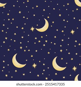 Seamless celestial pattern with moons and stars. Mystic blue and yellow illustration. Good for textile, yoga mat, underwear, notebook cover, wrapping paper, invitation, card, scrapbook, poster.
