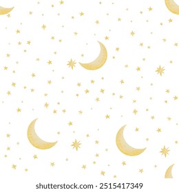 Seamless celestial pattern with moons and stars. Mystic black and white illustration. Good for textile, yoga mat, underwear, notebook cover, wrapping paper, invitation, card, scrapbook, poster.