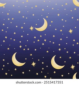 Seamless celestial pattern with moons and stars. Mystic black and white illustration. Good for textile, yoga mat, underwear, notebook cover, wrapping paper, invitation, card, scrapbook, poster.