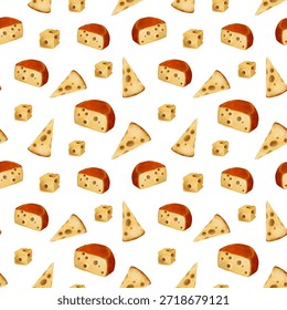 Seamless cheese pattern with cheese slices and cubes on white background