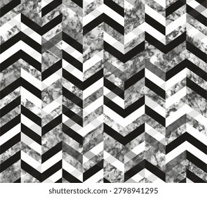 Seamless chevron pattern featuring monochrome marble textures and geometric zigzag elements, suitable for sublimation printing, textiles, wallpapers, apparel fabrics, and surface design.