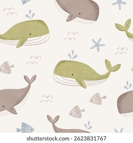 Seamless childish pattern with cute green and taupe whales and little fish on milk background. Creative scandinavian kids texture for fabric, wrapping, textile, wallpaper, apparel.
