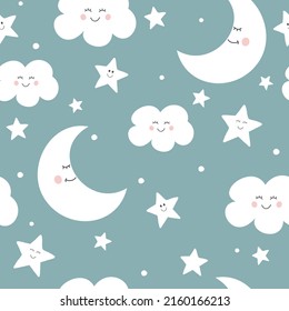 Seamless Childish Pattern With Cute Moon, Clouds And Stars. 