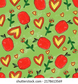 Seamless Children Drawing Pattern, Thank You Teacher Print, Hand Drawn Children Sketch Background, Apple, Love Heart, Flower