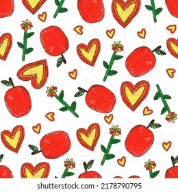 Seamless Children Drawing Pattern, Thank You Teacher Print, Hand Drawn Children Sketch Background, Apple, Love Heart, Flower