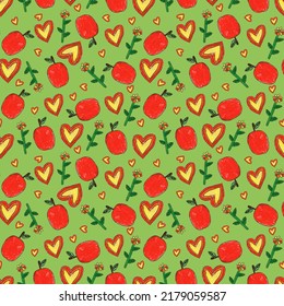 Seamless Children Drawing Pattern, Thank You Teacher Print, Hand Drawn Children Sketch Background, Apple, Love Heart, Flower