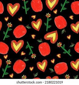 Seamless Children Drawing Pattern, Thank You Teacher Print, Hand Drawn Children Sketch Background, Apple, Love Heart, Flower