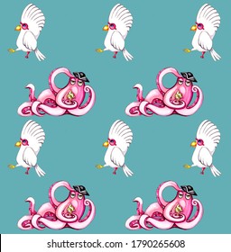 Seamless Children's Background With A Pirate Theme. Captain Octopus And White Parrot With An Eye Patch And A Prosthesis.