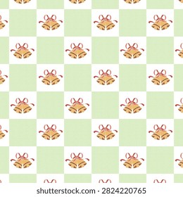 A seamless Christmas checkered pattern featuring elegant golden jingle bells tied with red ribbon bows