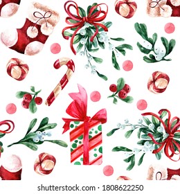 Seamless, Christmas, New Year's pattern of sweets, Santa's boots, gifts, mistletoe branches with a bow. For printing on tablecloths and festive paper. 800 dpi watercolor illustrations.
