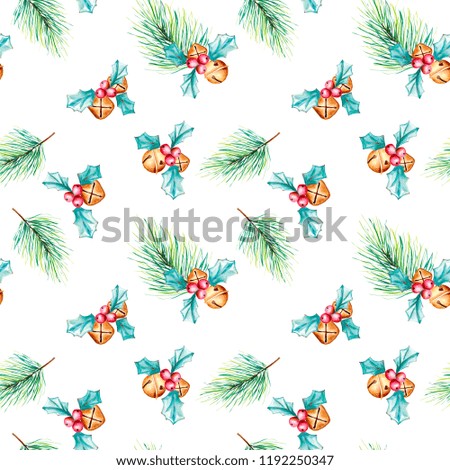 Seamless Christmas pattern with bells, pine branches, christmas stars, poinsettia, snow berries . Hand drawn watercolor illustration.