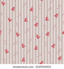 Seamless Christmas Pattern with Candy Canes, Bells, and Holiday Elements – Perfect for Wrapping Paper, Fabrics, and Holiday-Themed Projects