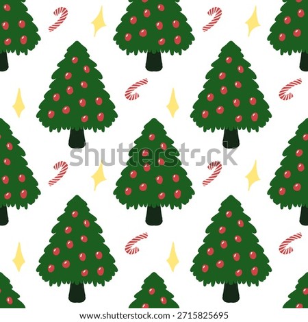 Seamless Christmas pattern featuring cute hand-drawn pine trees with red baubles, candy canes, and yellow sparkles on a white background. Perfect for festive gift wrapping and wallpaper.