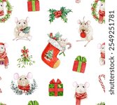 Seamless Christmas pattern with hand drawn watercolor mice, festive decor, wreaths, gifts in vintage style. Perfect for holiday projects, Christmas decor, seasonal gift wrap design. White background