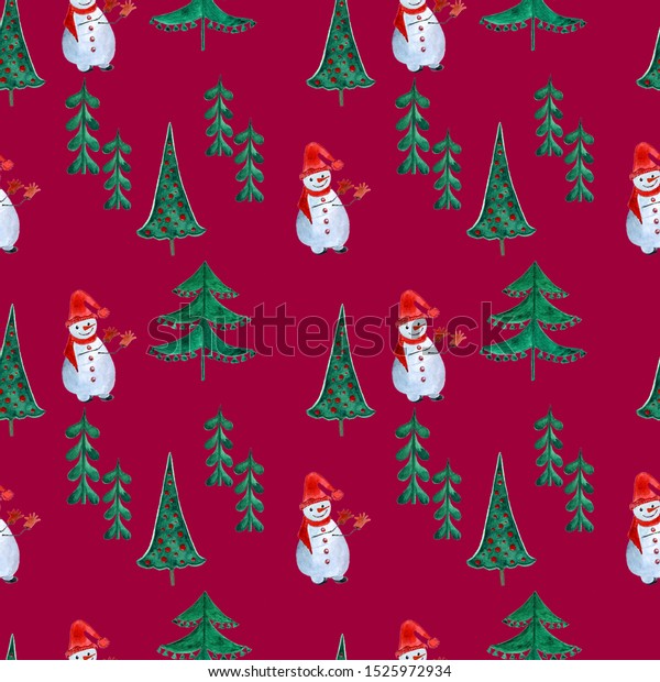 Seamless Christmas pattern . Hand-painted in a bright\
Christmas color palette: a cheerful snowman, Christmas trees of\
different shapes on a Burgundy background. Perfect for holiday\
paper, greetings,\
p