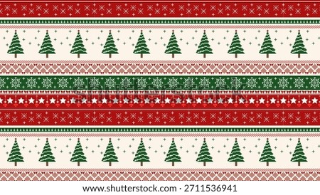 Seamless Christmas pattern with horizontal stripes and knit style elements, featuring pixel art fir trees, snowflakes, and festive borders in red, green, and white. Ideal for winter textiles, ugly swe