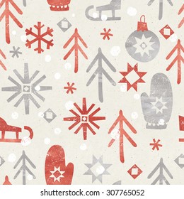 Seamless Christmas pattern on paper texture. Winter background.