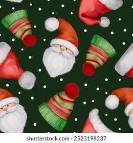 Seamless Christmas Pattern with Santa Hats, New Year Hats, Watercolor Winter Holiday Design, Festive Santa Claus Hats Illustration, Christmas Seamless Background Fabric, Wrapping Paper, Holiday Decor - Powered by Shutterstock