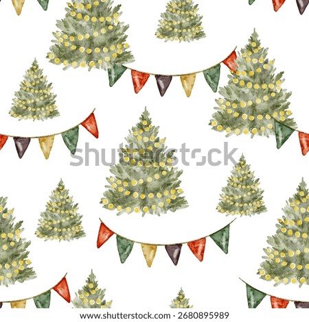 Seamless Christmas tree pattern with festive garland holiday watercolor background.