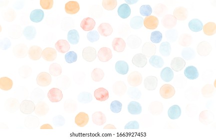 Seamless Circle Surface. Orange Watercolour Stains Background. Cute Decorative Dots. Baby Circular Confetti. Seamless Circle Pattern. White Light Watercolor Blots. Blue Circle Template.