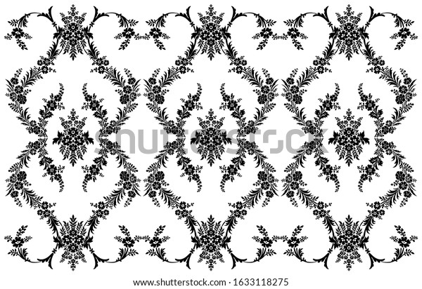 Seamless classic antique baroque, rococo\
style floral pattern or background. Graphic drawing, black and\
white. Roses, leaves, bouquets, garlands, festoons. Boho ornaments.\
Raster stock\
illustration