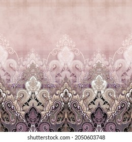 Seamless Classic Modern Paisley Ornamental Border With Paisley Elements And Tartan Textured Background