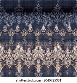 Seamless Classic Paisley Digital Pattern With Paisley Elements, Texture And Tartan. Seamless Paisley Border