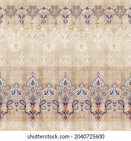 Seamless Classic Paisley Digital Pattern With Paisley Elements, Texture And Tartan. Seamless Paisley Border