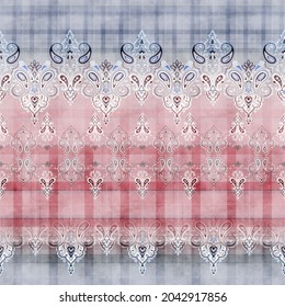 Seamless Classic Paisley Digital Pattern With Paisley Elements, Texture And Tartan. Seamless Paisley Border