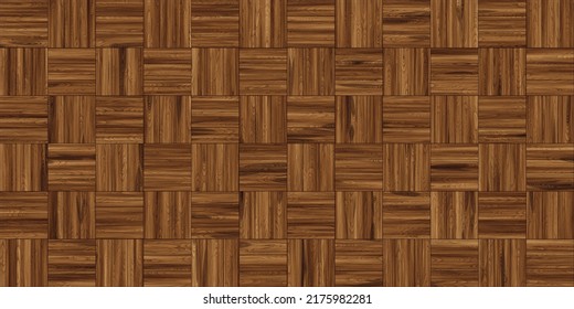 Seamless Classic Parquet Wood Floor Background Texture. Tileable Stained Dark Brown Redwood, Oak Or Pine Hardwood Woven Checker Repeat Pattern. Wooden Laminate Or Linoleum Tiles. 3D Rendering.
