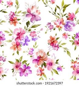 seamless classic pattern with hand drawn watercolor flowers and leaves. botanical watercolor illustration and background