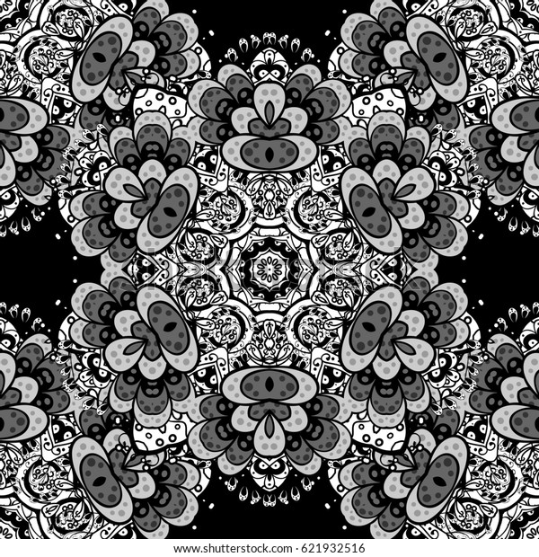 Seamless classic\
white pattern. Traditional orient ornament. White pattern on black\
background with white\
elements.