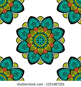 Seamless color pattern in the form of a mandala. Islam, Arabic, Pakistan, Moroccan, Turkish, Indian, Spain motifs. Hand drawn background. Can be used for greeting card.