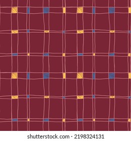 Seamless Colorful Bright Tartan Pattern For Modern Textile Fabric Apparel Kitchen Bedroom And Paper Design. Cute Check Repeat Print Hand Drawn In Blue Yellow And Dark Red Colors. 