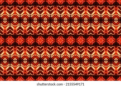 Seamless Colorful Oriental Pattern,  Glowing Hot Metal Red Motif In Brownish Background, Textiles, Table Cloth, Wall Décor And Wallpaper, Endless Repetition