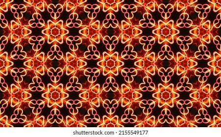 Seamless Colorful Oriental Pattern,  Glowing Hot Metal Red Motif In Brownish Background, Textiles, Table Cloth, Wall Décor And Wallpaper, Endless Repetition