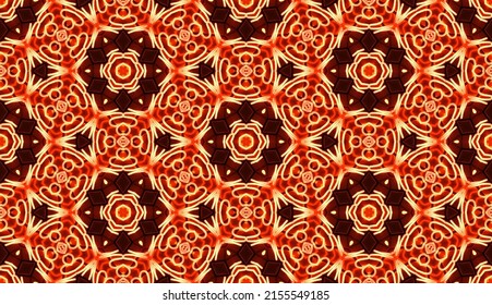 Seamless Colorful Oriental Pattern,  Glowing Hot Metal Red Motif In Brownish Background, Textiles, Table Cloth, Wall Décor And Wallpaper, Endless Repetition