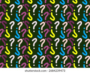 Seamless colorful question mark pattern on dark green background. Hand drawn doodle colorful question mark pattern with kawaii design. Doodle colorful question mark pattern with doodle style. - Powered by Shutterstock - Get 15% off with code: PIKWIZARD15