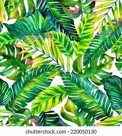 Seamless Colorful Tropical Leaves Only Pattern With Diverse Exotic Plants