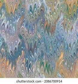 Seamless combed conch effect Turkish ebru marble surface pattern design for print. High quality illustration. Luxurious ancient art form. Wavy liquid fluid marbled book paper antique graphic design.