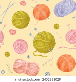 A seamless crafting-themed pattern featuring yarn skeins, colorful buttons, sewing needles with threads, and knitting needles on a beige background. watercolor for textile design crafting projects - Powered by Shutterstock