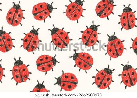 Seamless crayon hand-drawn ladybug pattern on white background