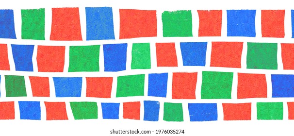 Seamless Creative Border Abstract Hand Drawn Block Stripes. Repeating Pattern Horizontal Square Shapes Red Green Blue. Colorful Repeating Mosaic For Ribbon, Banner, Fabric Trim, Party Invitation, Kid